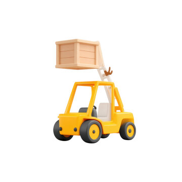 3D Icon of Yellow Skid Loader Lifting Wooden Crate in Modern Style, isolated on transparent background.