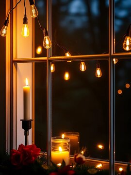 Decorated window with burning candle and string bulbs aglow in warm golden light, cheer, Christmas