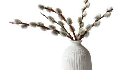 Fluffy grey pussy willow catkins in a textured white vase, isolated on transparent background © Maria