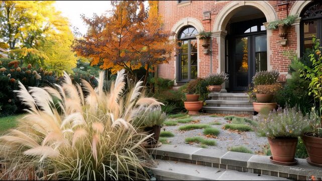 Lush garden scene with ornamental grasses and potted plants framing a brick house entrance, showcasing vibrant autumn foliage and decorative landscaping elements