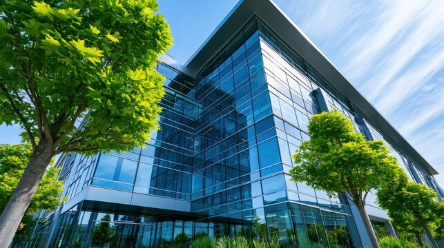 Modern glass office building exterior with green trees and blue sky