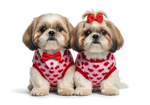 Cute shih tzu dogs dressed in valentine outfits