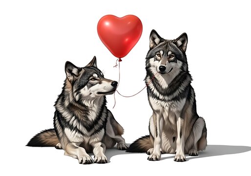 Two grey wolves sitting with heart balloon