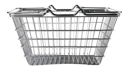 Shiny metal shopping basket with wire mesh construction, isolated on transparent background © Maria