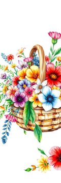 Hand-drawn illustration of a watercolor wooden basket overflowing with colorful flowers on a white background, arrangement, illustration