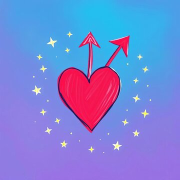 Hand-drawn heart with arrow pointing upwards surrounded by tiny stars, colorful, festive