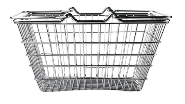 Shiny metal shopping basket with wire mesh construction, isolated on transparent background