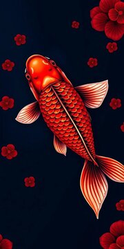 Hand-painted red carp with intricate scales and flowing fins on a dark blue background, painting, carp