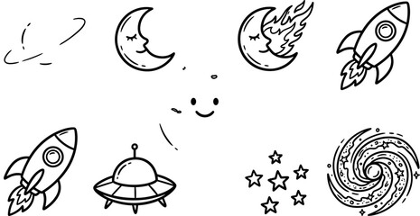 Cute Outer Space Coloring Page Line Vector Set Featuring Smiling Earth, Rockets, Saturn, Crescent Moon, UFO, Galaxy, and Stars Doodles © Mst