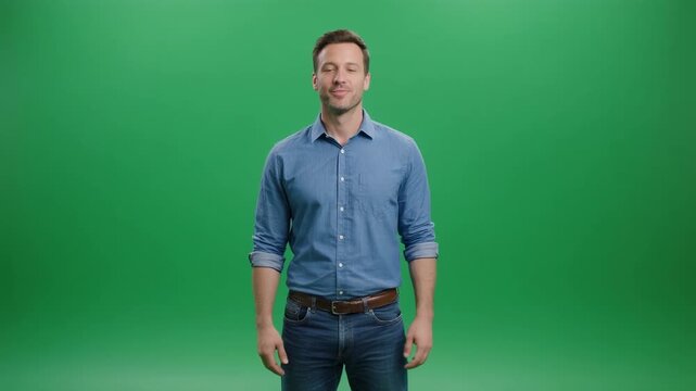 Man in blue shirt with green screen background showing various neutral and surprised expressions during studio shooting