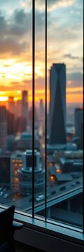 Panoramic windows frame a blurred cityscape at sunset, with soft office lighting, landscape, building