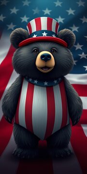 Patriotic bear standing proudly on American flag with stripes and stars, bear, design