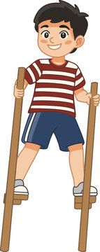 Kid walking carefully on stilts