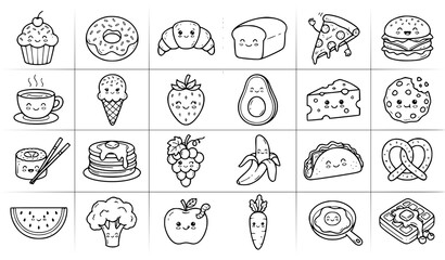 Fototapeta premium Cute Whimsical Black and White Food Doodle Collection – Hand Drawn Vector Illustration Set