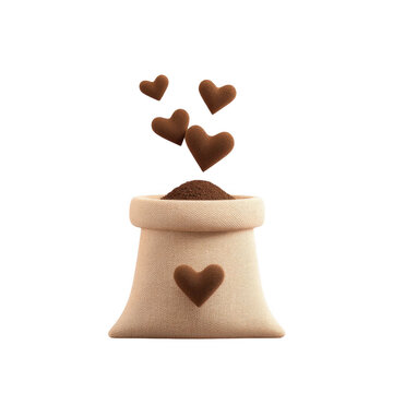 3D Icon of Open Burlap Sack with Hearts Tipping Out for Creative Use, isolated on transparent background.