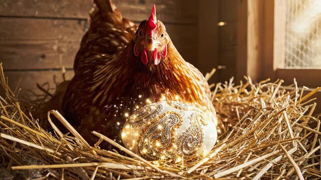 Stop Motion Animation of a Chicken Laying an Embroidered Egg on Canvas