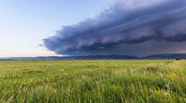 Calm Before the Storm Concept, a Green Field With a Dark Storm Front on the Horizon
