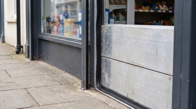 Flood Preparedness: Demountable Metal Flood Barrier Fitted Across A Shop Doorway
