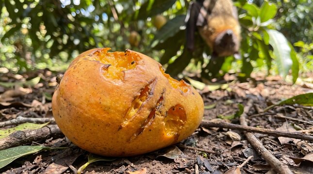 Ripe Fallen Mango With Bat Bite Marks on Orchard Ground Showing Zoonotic Spillover