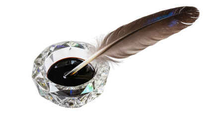 Feather quill dipping into dark ink in faceted crystal inkwell, isolated on transparent background © Maria
