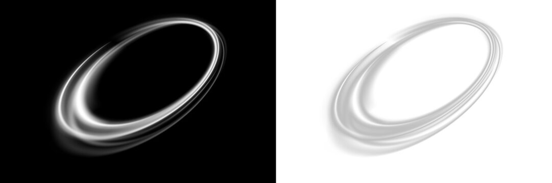 White neon ring glow effect - abstract light speed lines, glowing round frame and futuristic motion ellipse.overlay