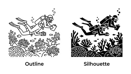 Scuba Diver Studying Coral Reef: A scuba diver, depicted in both outline and silhouette, explores a vibrant coral reef, examining marine life. © Hash