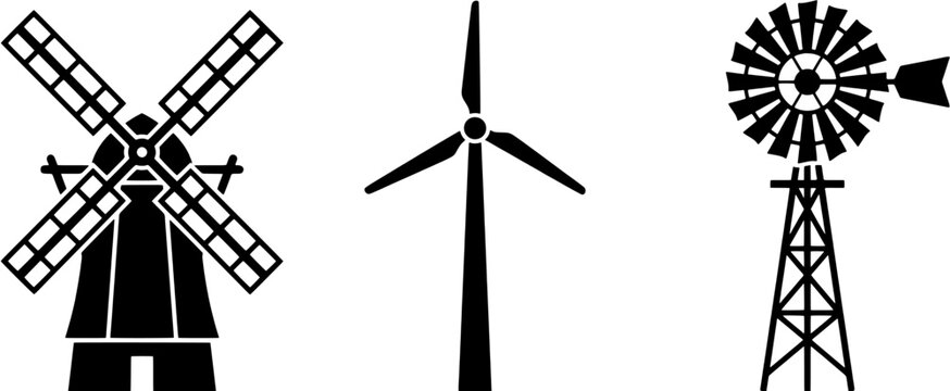 Windmill icon set in a flat black silhouette style including traditional farm mill, modern wind turbine and water pump tower.