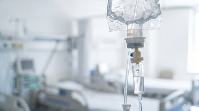 Running Out Of Time: A Nearly Empty Saline IV Bag With One Falling Drop