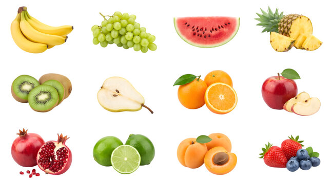 Collection of fresh tropical and garden fruits isolated on black background as a high quality png image file