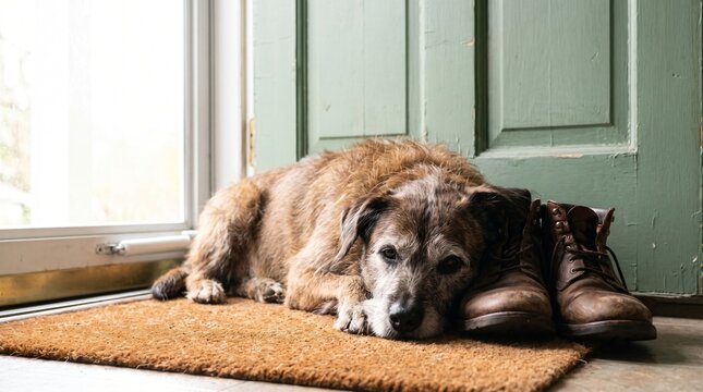 Loyalty And Waiting: A Senior Dog Lying By The Door Beside A Pair Of Empty Boots