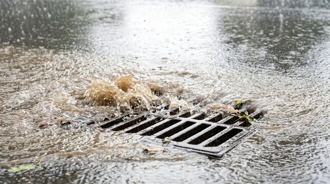 Drainage Failure: Storm Water Surging Back Up Out Of A Street Drain During Heavy Rain