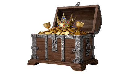 Antique wooden treasure chest overflowing with gold coins crown and goblet, isolated on transparent background © Maria