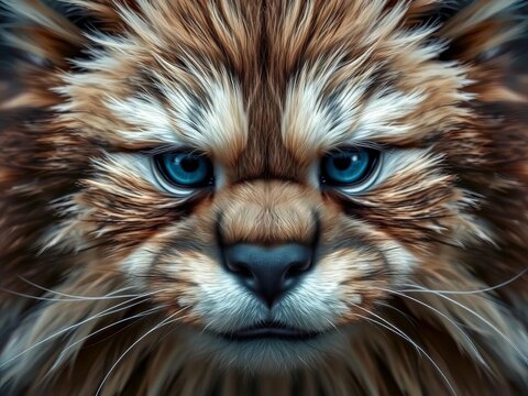 Furry face with piercing blue eyes, fluffy fur and wispy mustache, animal lover, facial expression