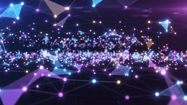 Plexus abstract background with colorful designs moving and interacting in a digital space