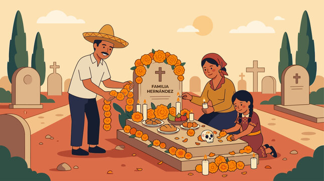 A serene flat design vector illustration portraying a Mexican family honoring their ancestors at a cemetery during Dia de Muertos.