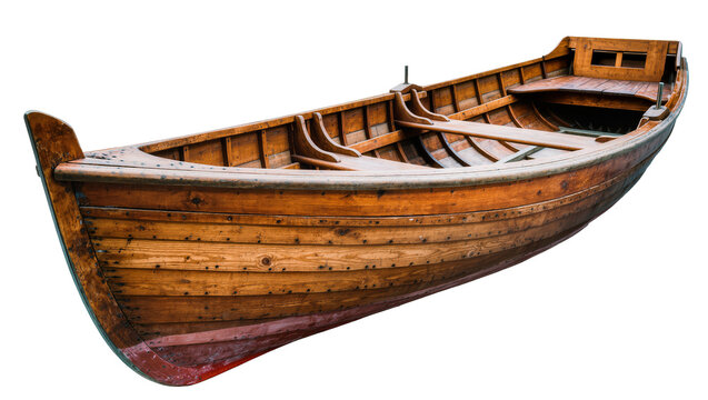 Wooden rowboat with red hull empty interior, isolated on transparent background