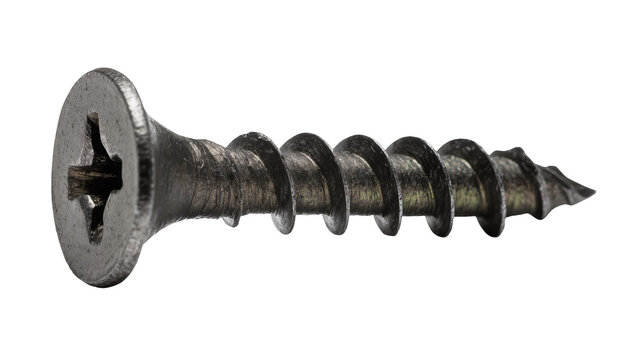 Dark metal screw with Phillips head, isolated on transparent background
