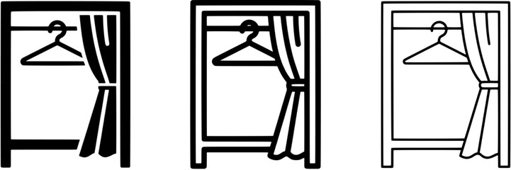 Naklejka premium Fitting room icon set in solid, thick, and thin outline styles. Change room and dressing stall symbols for retail store and fashion shopping.