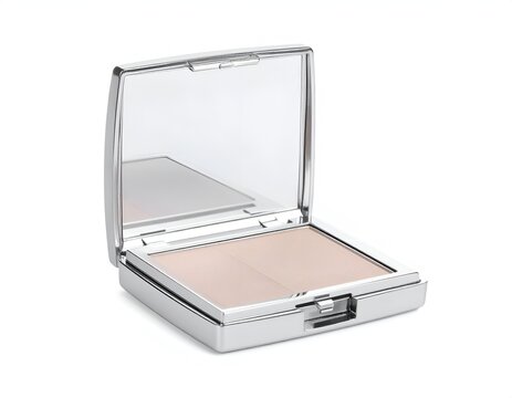 Open cosmetic compact powder case with mirror isolated on white background