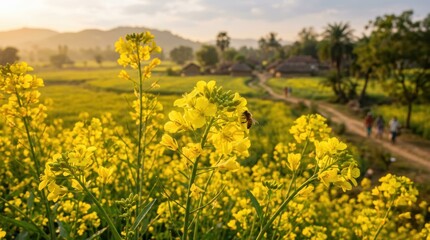 Obraz premium Yellow flower field with bee flying over in india landscape during sunset with village and mountain background