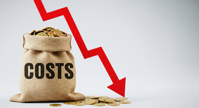 Sack of coins labeled costs with red downward arrow, perfect for decreasing business expenses reducing financial loss concept