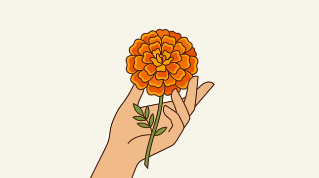A poignant flat design vector illustration of a hand tenderly holding a marigold flower, symbolizing remembrance and offerings for Dia de Muertos.