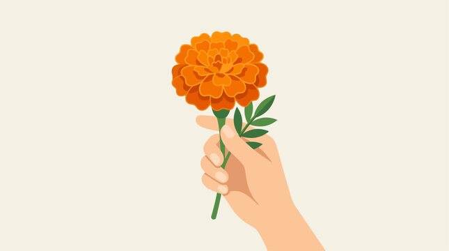 A poignant flat design vector illustration of a hand tenderly holding a marigold flower, symbolizing remembrance and offerings for Dia de Muertos.