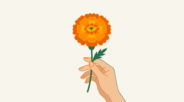A poignant flat design vector illustration of a hand tenderly holding a marigold flower, symbolizing remembrance and offerings for Dia de Muertos.