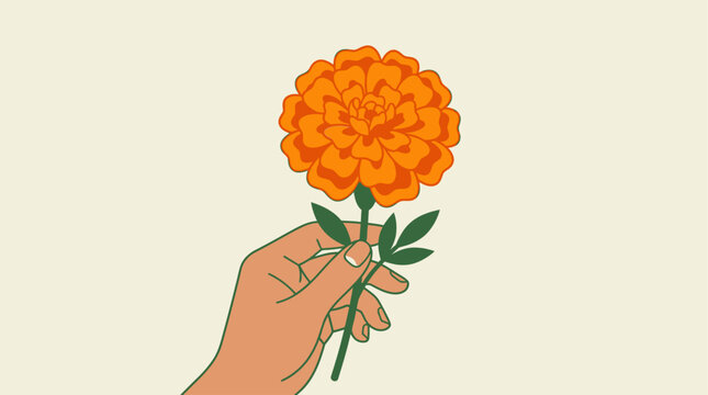 A poignant flat design vector illustration of a hand tenderly holding a marigold flower, symbolizing remembrance and offerings for Dia de Muertos.