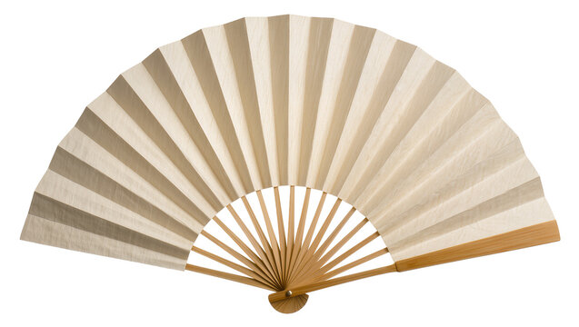 Natural beige paper folding fan with wooden ribs, isolated on transparent background