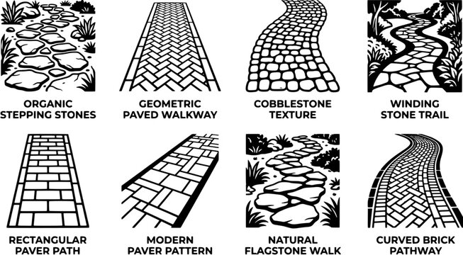 Path and walkway icon set in a flat black silhouette style including stepping stones, cobblestone, paved bricks and flagstone textures.