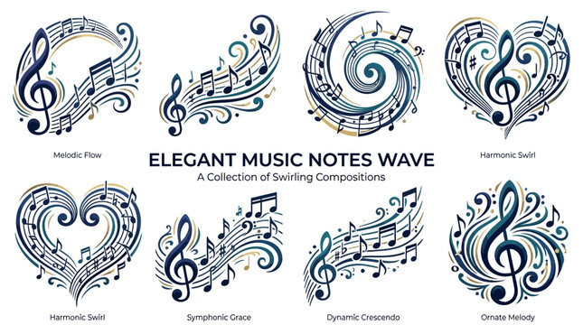 Music notes forming elegant wave patterns and heart shapes create a sophisticated visual identity for classical concert series.