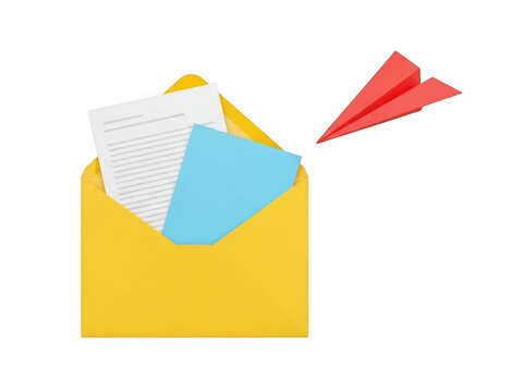 Open yellow envelope with documents and a flying red paper plane icon