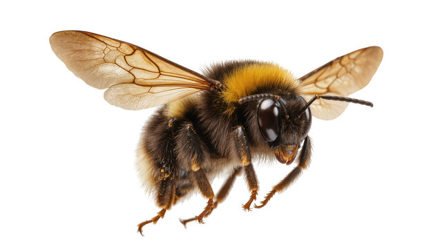 Fuzzy bumblebee with translucent wings in flight, isolated on transparent background